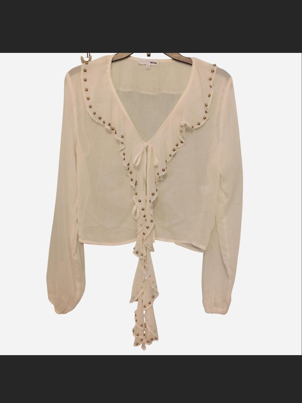 Fashion Nova Cream Ruffle Tie-Front Blouse with Gold Studs